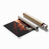 Stunning landscape print of colorful canyons, showcasing vibrant red and orange rock formations under a clear blue sky, rolled and ready for display. Perfect for home decor.