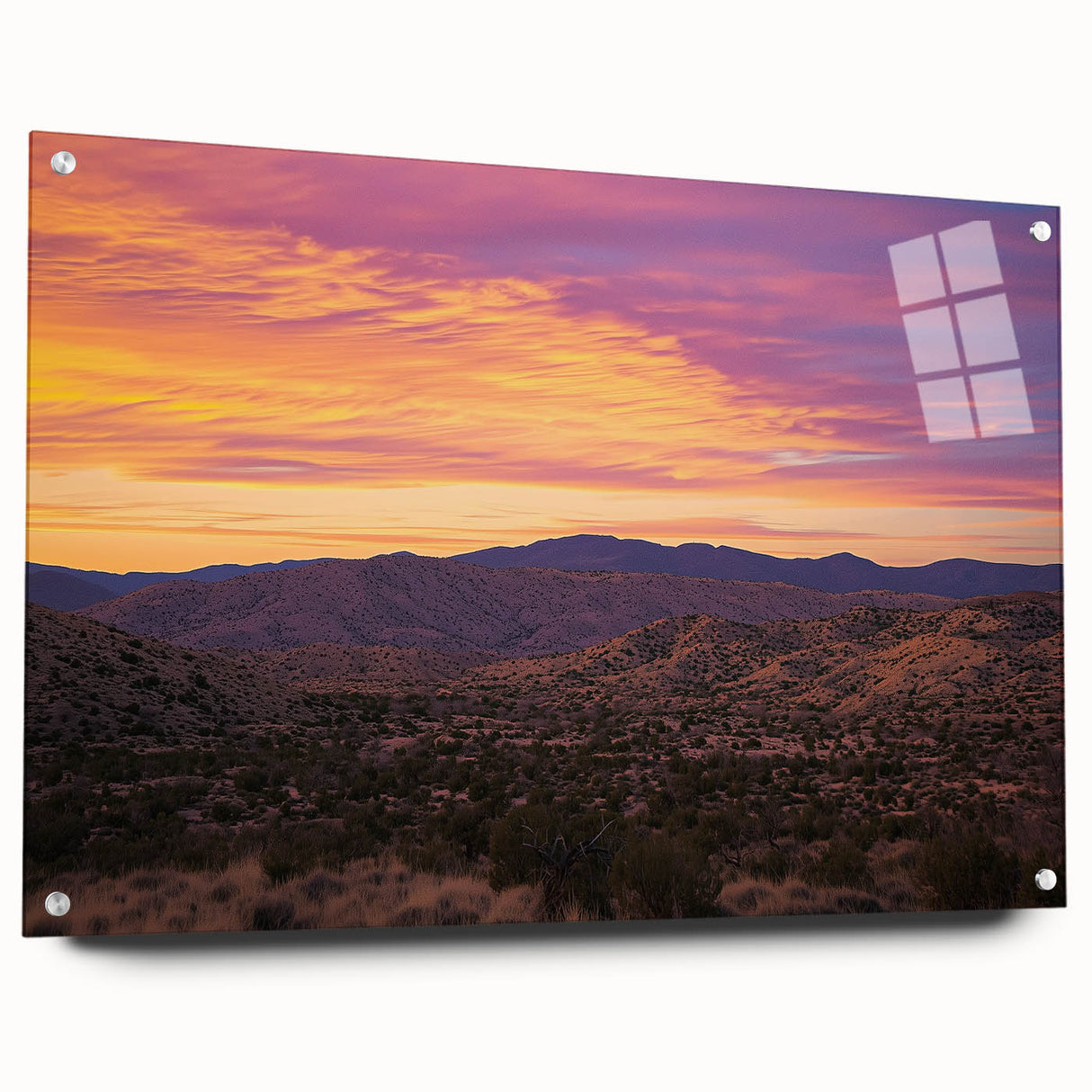 Desert landscape acrylic artwork displayed in a modern side view frame, showcasing warm earth tones and intricate details, ideal for home decor.