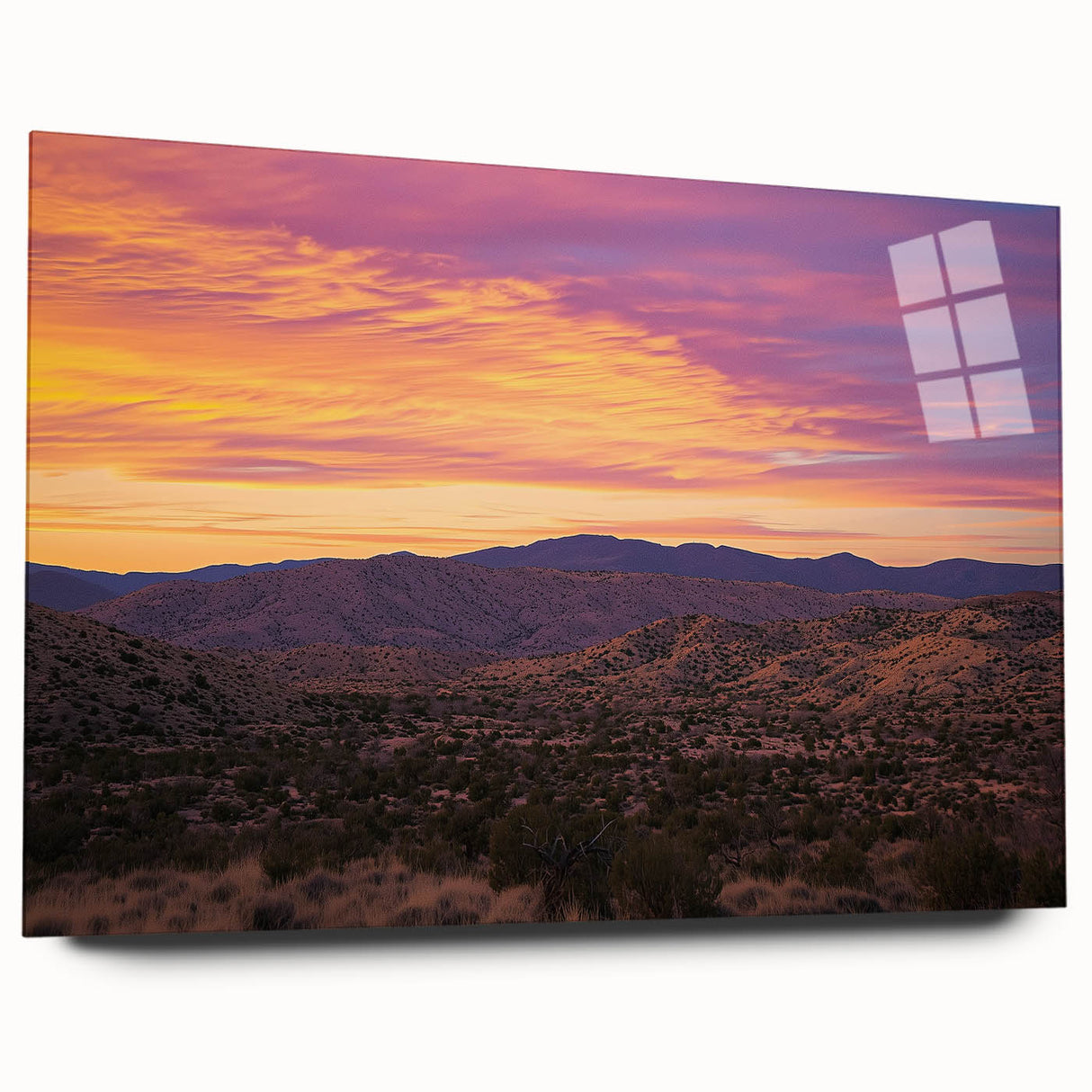 Desert landscape acrylic glass art piece showcasing vibrant hues of orange and blue, featuring a side view without pins, ideal for modern home decor.