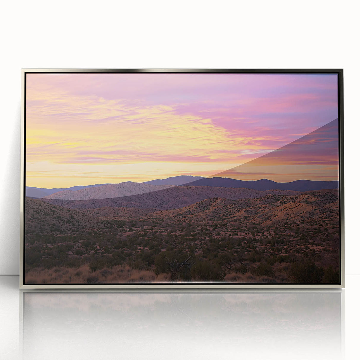 Framed acrylic artwork showcasing a vibrant desert landscape with rich colors, ideal for modern home decor. Perfectly crafted for elegant wall display.