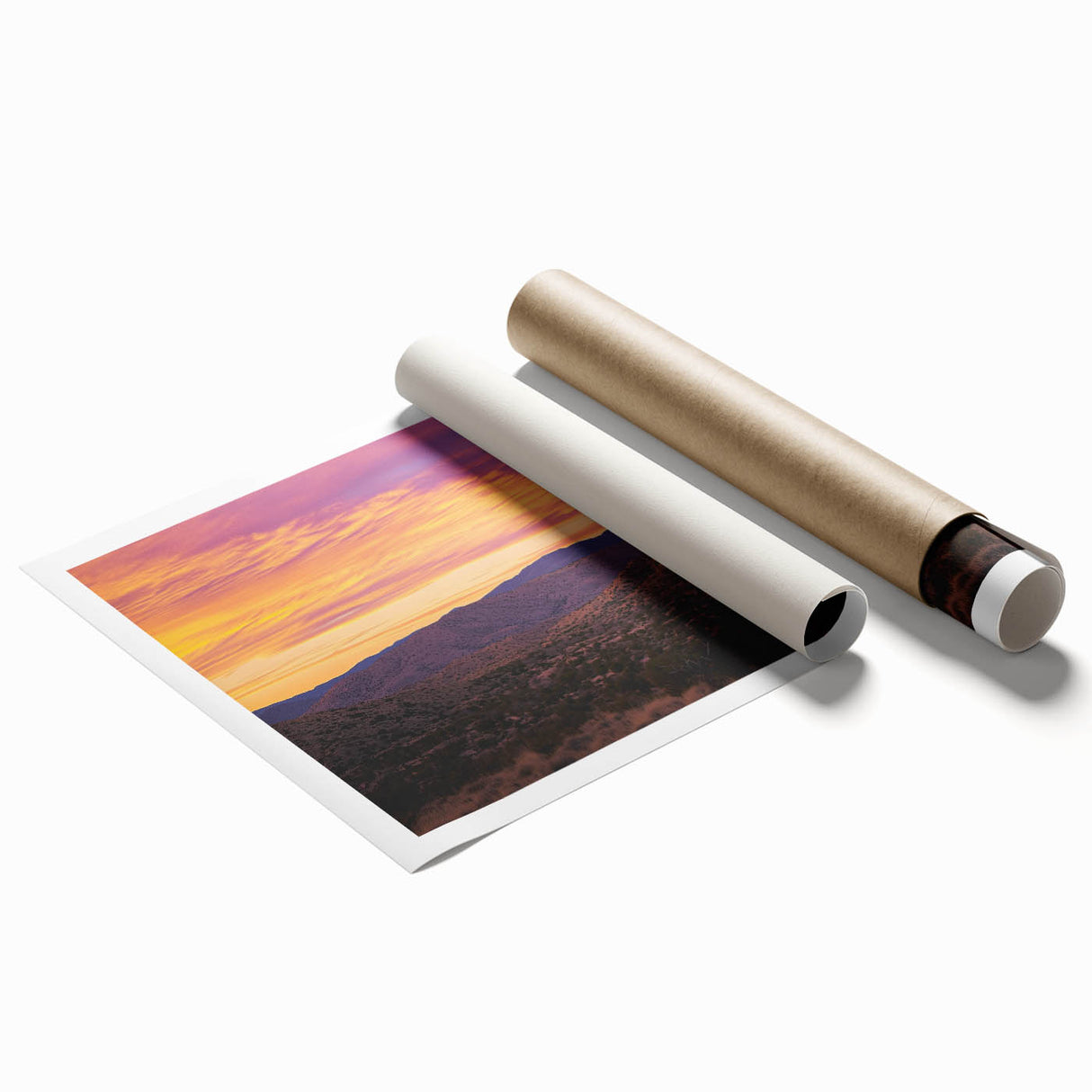 Desert landscape rolled canvas print showcasing vibrant colors and intricate details, packaged securely in a sturdy tube for safe delivery. Perfect for home decor enthusiasts.