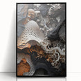 Large abstract wall art on acrylic, featuring black and white swirls in a mid-century modernist style.
