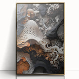 Large art print featuring mid-century modernist abstract elements in gold and black on acrylic.