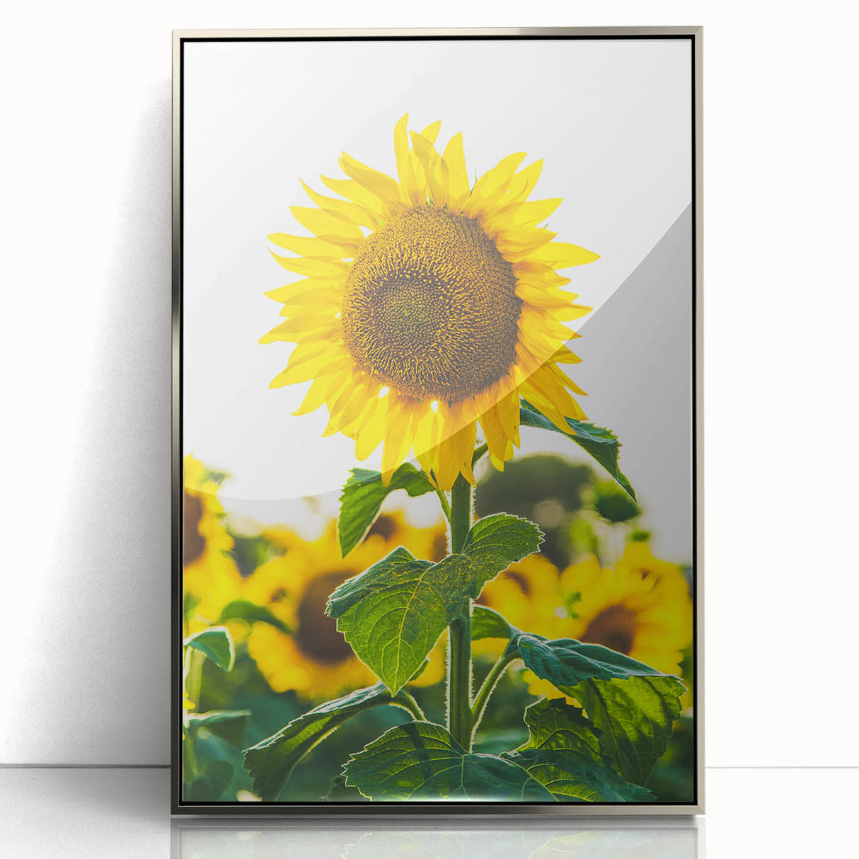 Mid-century modernist art depicting spring season with muted green and pink tones on a framed acrylic.
