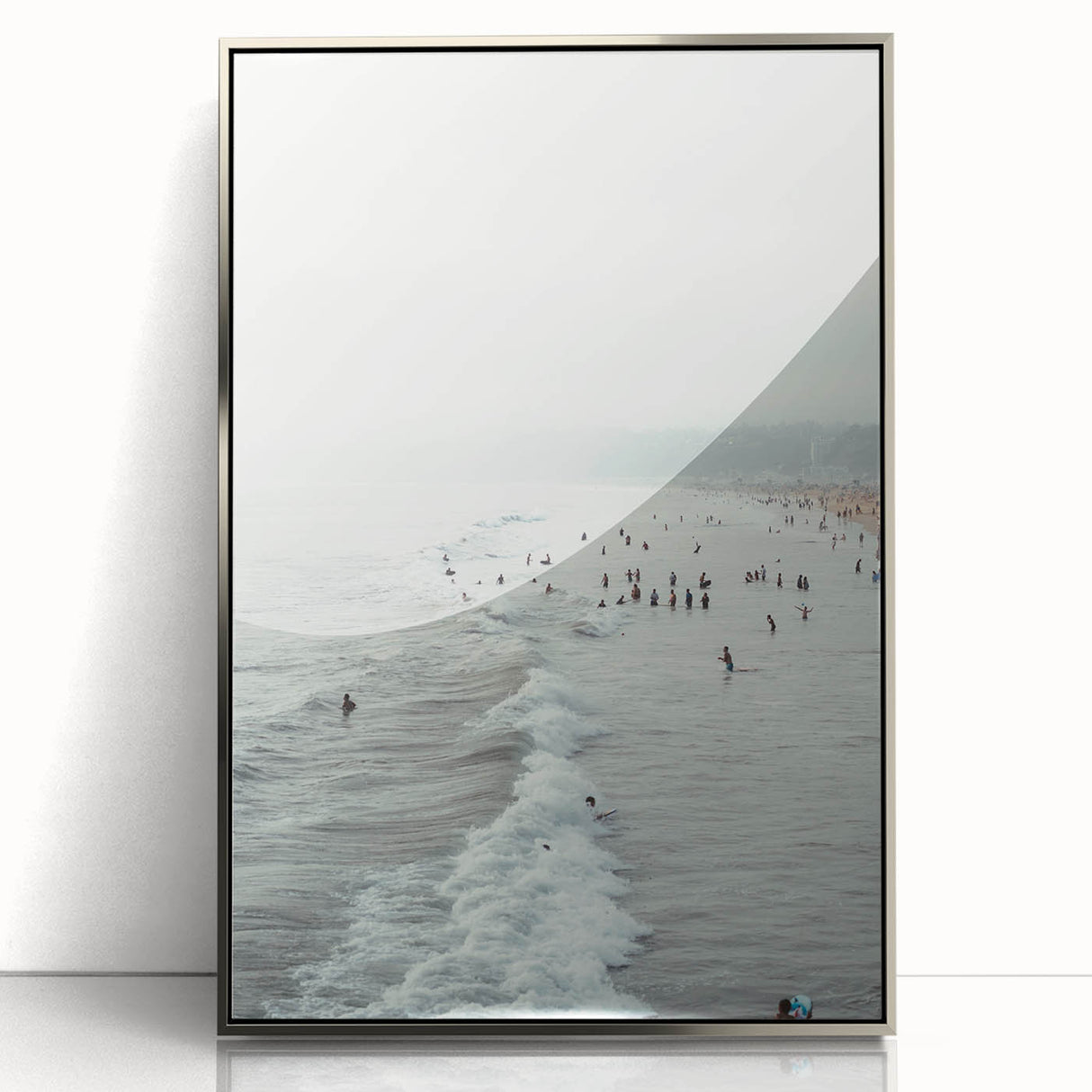 Mid-century modernist art depicting abstract shapes in pastel colors on a silver-framed acrylic print.