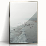 Mid-century modernist art depicting abstract shapes in pastel colors on a silver-framed acrylic print.