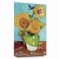 Large abstract wall art on acrylic glass depicting swirling shades of blue and yellow.