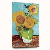 Large abstract wall art on acrylic glass depicting swirling shades of blue and yellow.