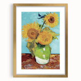 Abstract art print featuring swirling blue and yellow tones on a gold-framed canvas.