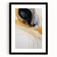 Abstract wall art featuring vibrant strokes in shades of blue, orange, and yellow, framed in black with a mat, perfect for modern home decor.