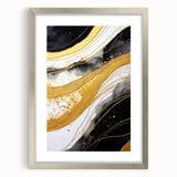 Abstract wall art featuring dynamic strokes in shades of blue and gold, elegantly framed with a silver mat, perfect for modern home decor. Ideal for enhancing living spaces with a contemporary touch.