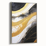 Framed wall art featuring abstract strokes in various shades of blue and gray, set against a silver frame, ideal for modern home decor and interior design.
