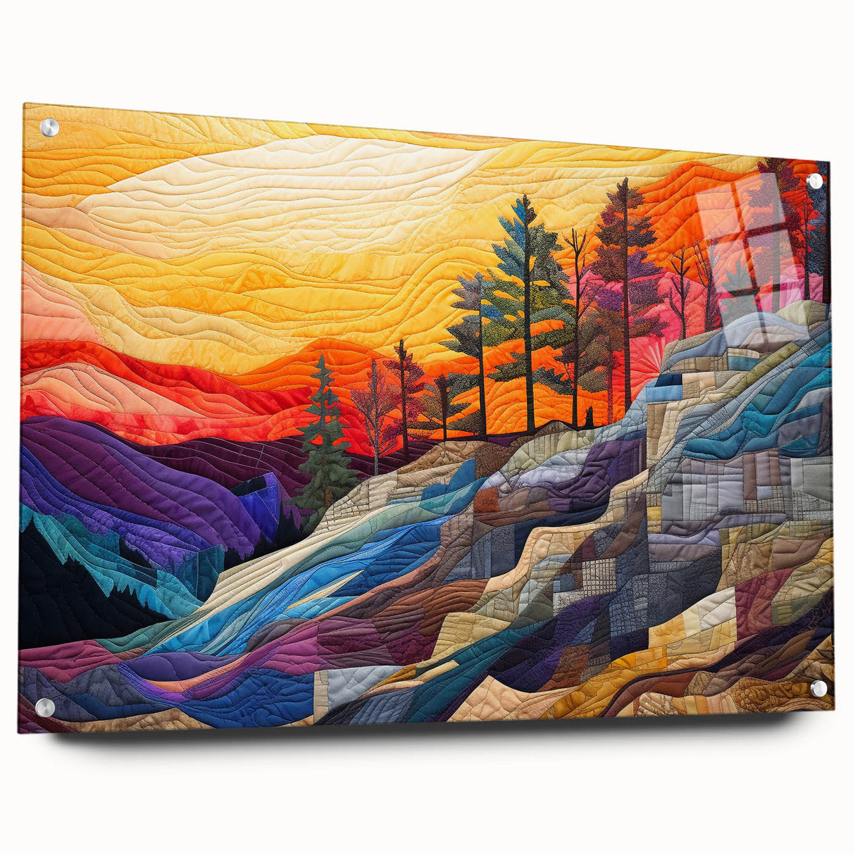 Abstract wall art print featuring vibrant strokes in various colors, displayed in a sleek acrylic frame with metallic pins, perfect for modern home decor.