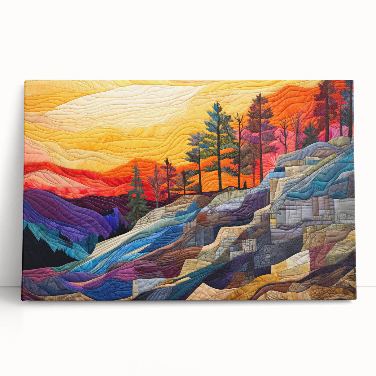 Abstract wall art featuring vibrant strokes of blue, pink, and gold on stretched canvas, leaning against a neutral wall, perfect for modern decor.