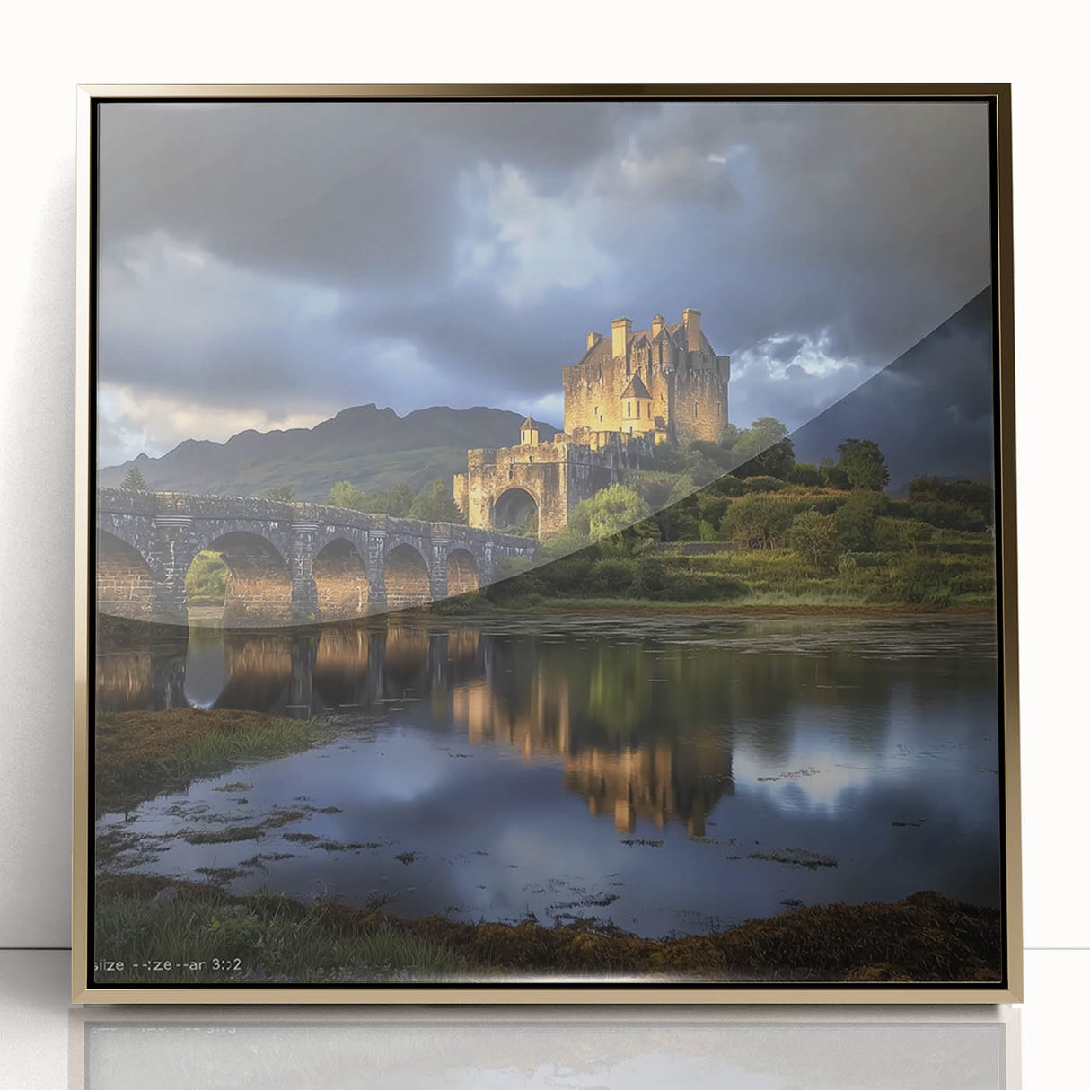 Framed acrylic artwork depicting a vibrant landscape with a majestic castle, showcasing intricate details and a luxurious gold frame, perfect for home decor.