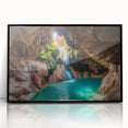 Framed acrylic artwork showcasing a dramatic cave landscape in rich earthy tones, featuring black accents, perfect for modern home decor.