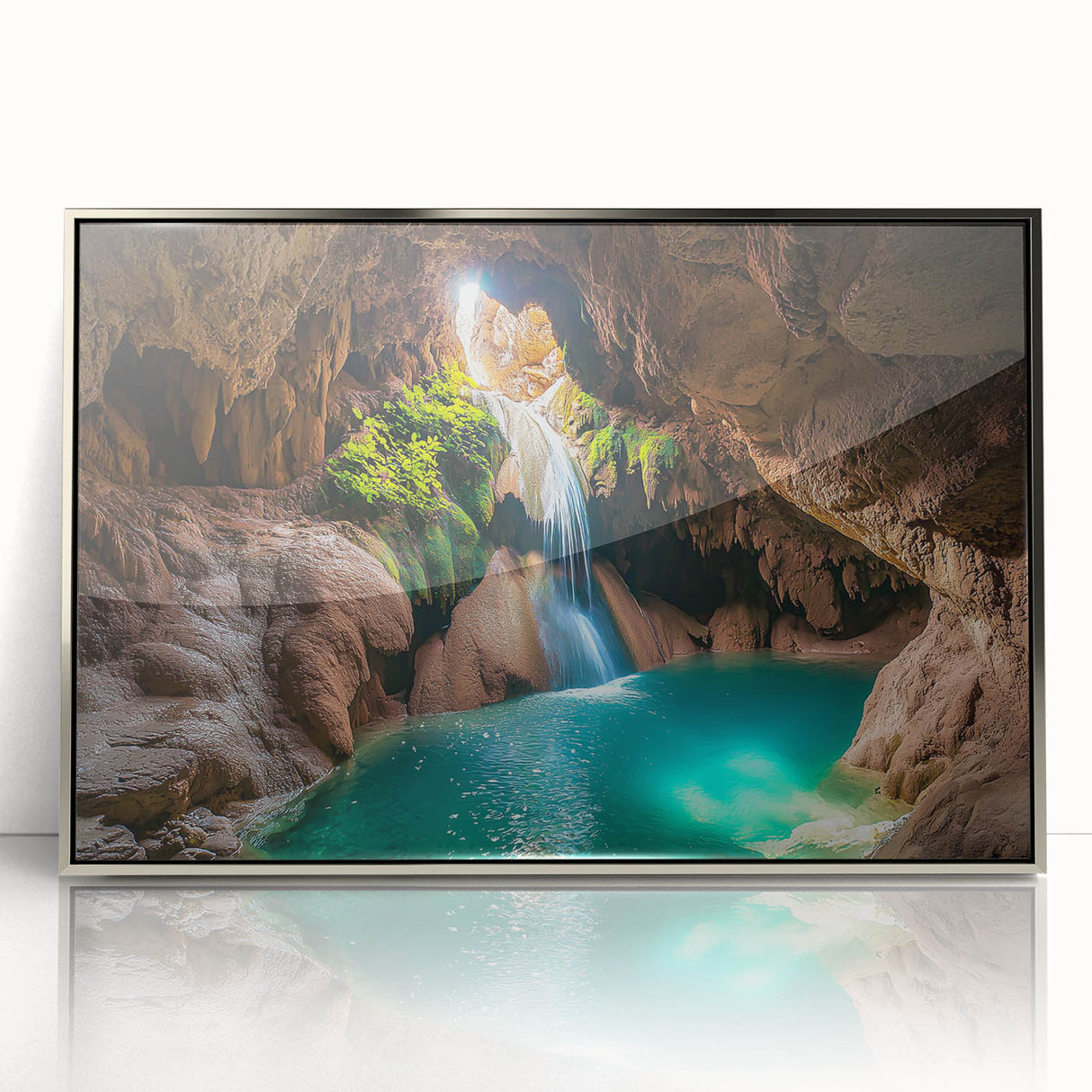 Framed acrylic artwork showcasing a serene cave landscape in silver tones, ideal for modern home decor. Perfect for adding a tranquil touch to any room.