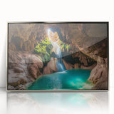 Framed acrylic artwork showcasing a serene cave landscape in silver tones, ideal for modern home decor. Perfect for adding a tranquil touch to any room.