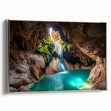 Framed canvas artwork showcasing a stunning landscape with caves, presented in a silver frame. Ideal for modern home decor, enhancing interior aesthetics.