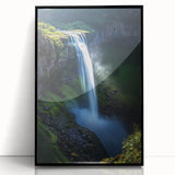 Framed acrylic landscape artwork showcasing dramatic cliffs against a vibrant blue sky, highlighting intricate textures and bold colors, perfect for home decor.