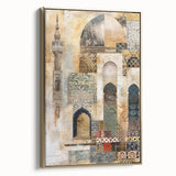 Framed abstract architecture wall art in gold tones, showcasing a modern design with geometric shapes and clean lines, ideal for contemporary home decor.