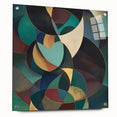 Abstract geometric acrylic glass artwork in vibrant colors, showcasing a side view with visible pins for mounting, perfect for modern decor.
