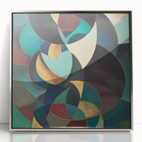 Framed abstract geometric wall art design in silver acrylic, showcasing intricate shapes and patterns, perfect for modern home decor enhancement.