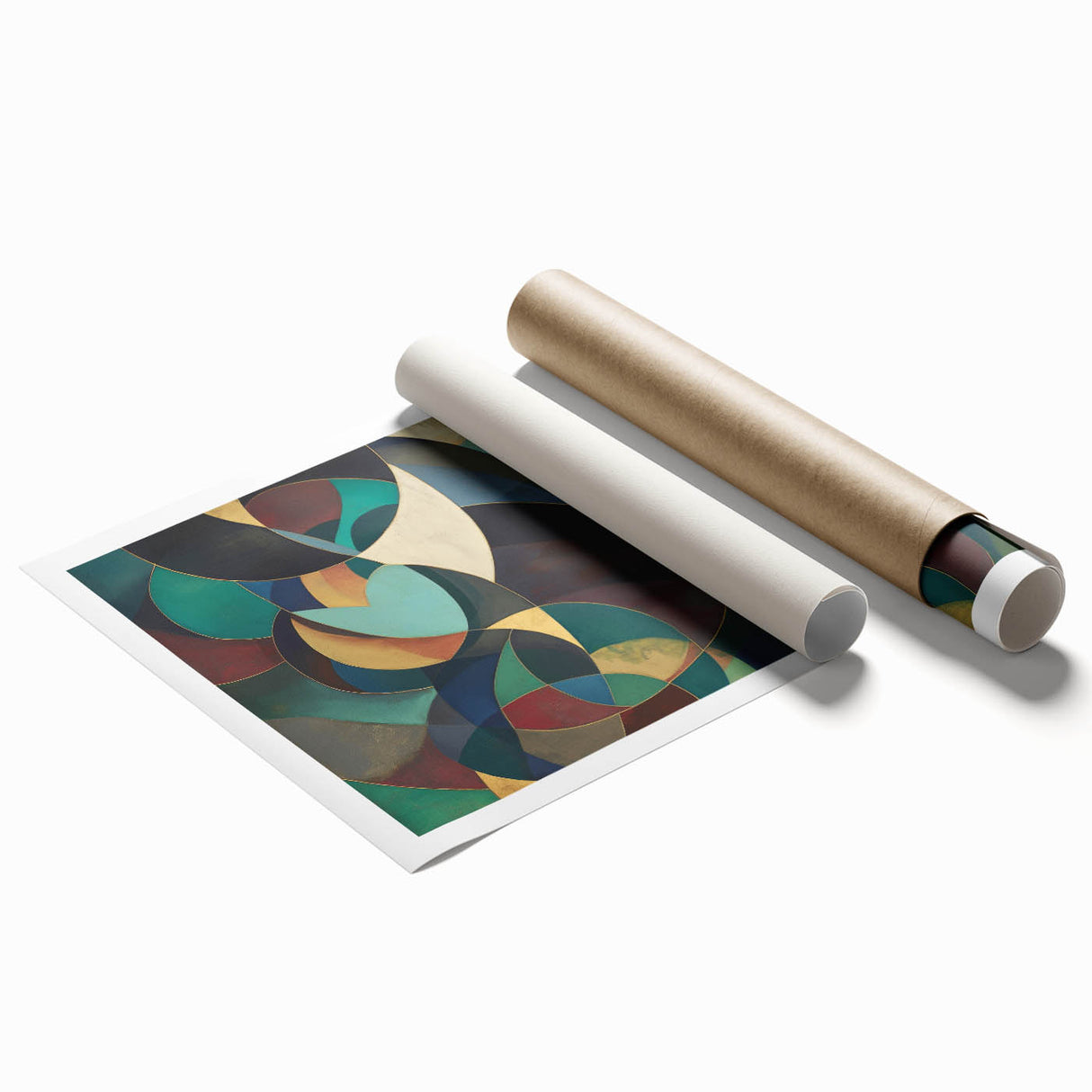 Abstract geometric rolled print showcasing vibrant colors and intricate patterns, elegantly packaged in a durable cardboard tube for safe transport. Ideal for modern home decor and art enthusiasts seeking a unique statement piece.