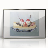 Mid-century modernist art of assorted fruits in vibrant colors on a silver-framed acrylic print.