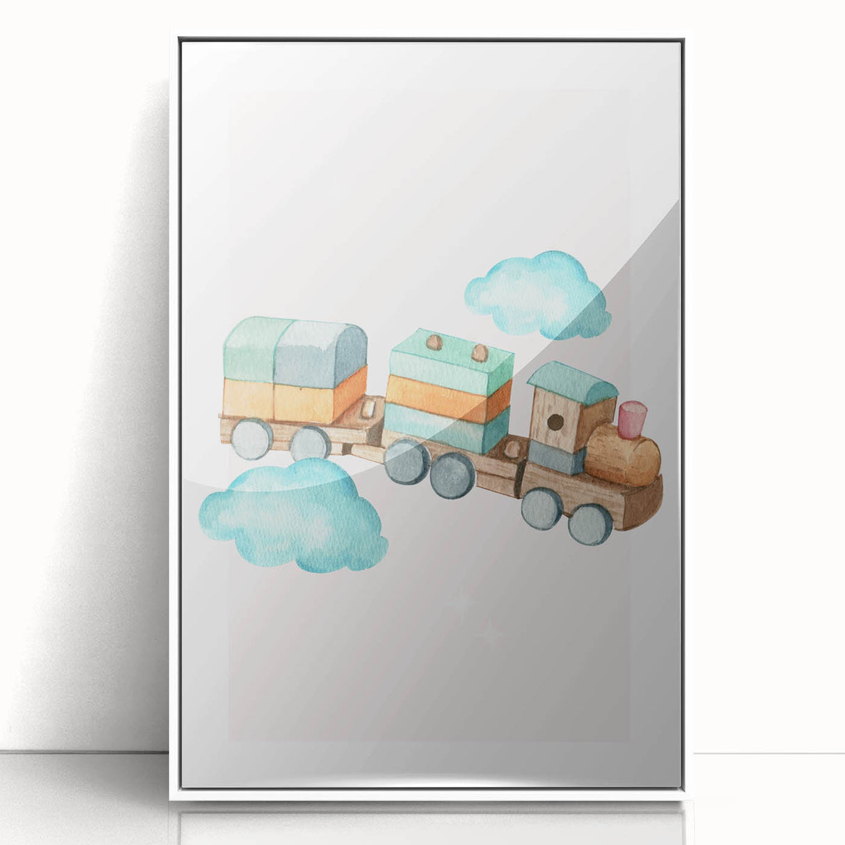 Girls Room Wall Art - Wooden Train & Clouds Kids Room Art