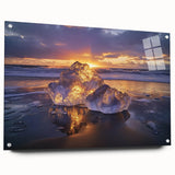 Acrylic glass artwork showcasing a vibrant beach landscape design, displayed in a side view with decorative pins, ideal for coastal-themed home décor.
