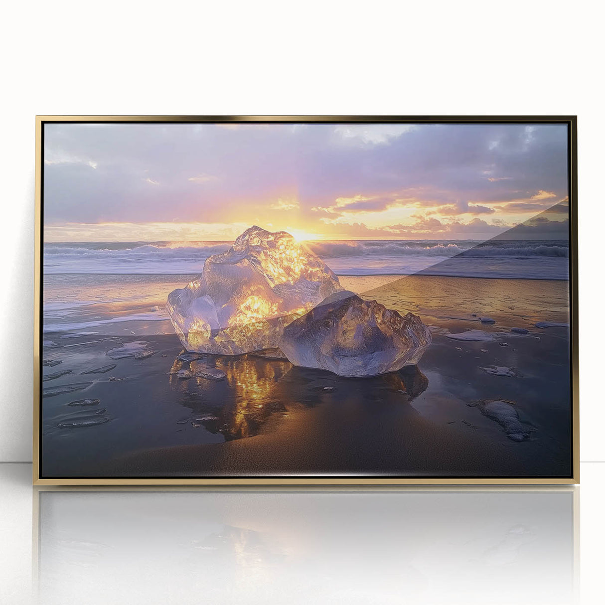 Framed acrylic artwork depicting a serene beach landscape with golden tones, perfect for enhancing coastal-themed decor. Ideal for living rooms or beach houses.
