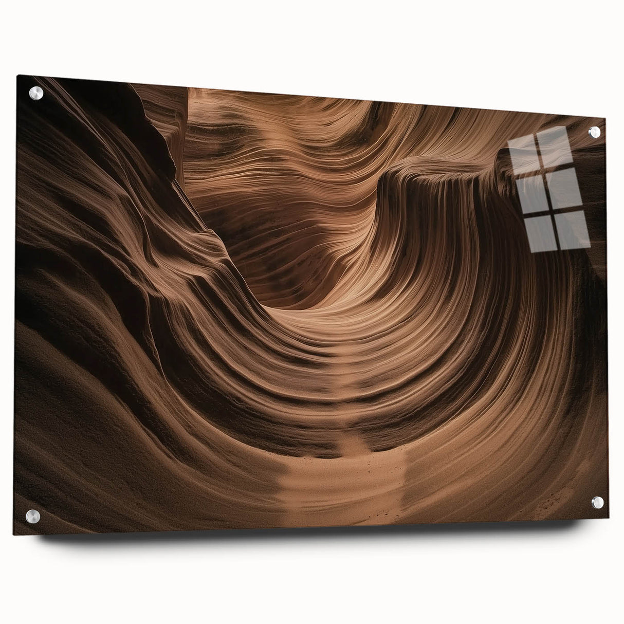 Acrylic glass artwork showcasing a vibrant landscape of canyons in rich earthy tones, displayed in a side view with elegant pins, perfect for modern home decor.