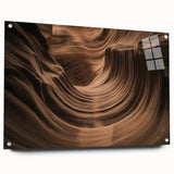 Acrylic glass artwork showcasing a vibrant landscape of canyons in rich earthy tones, displayed in a side view with elegant pins, perfect for modern home decor.