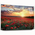 Acrylic glass artwork depicting a serene countryside landscape with vibrant green fields and rolling hills, showcased from a side view, secured with decorative pins.