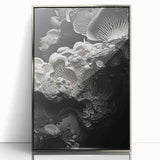 Mid-century modernist art featuring abstract shapes in muted earth tones on a silver-framed acrylic print.