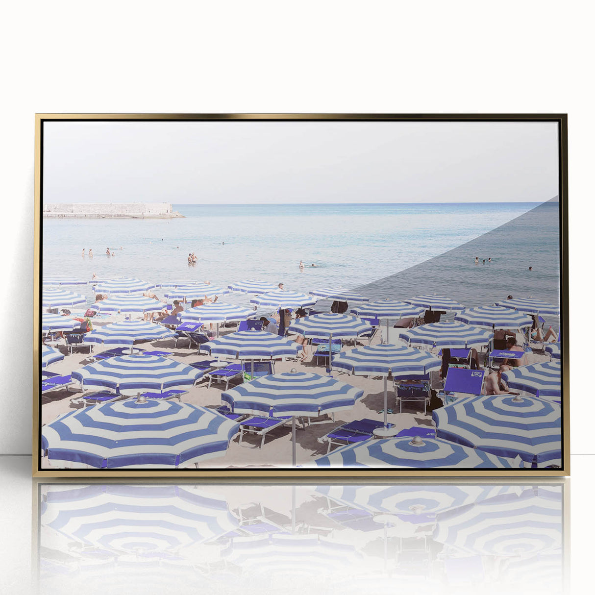 Large art print of a mid-century modernist summer scene in vibrant colors on a framed acrylic, ideal for nursery wall decor.