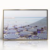 Large art print of a mid-century modernist summer scene in vibrant colors on a framed acrylic, ideal for nursery wall decor.