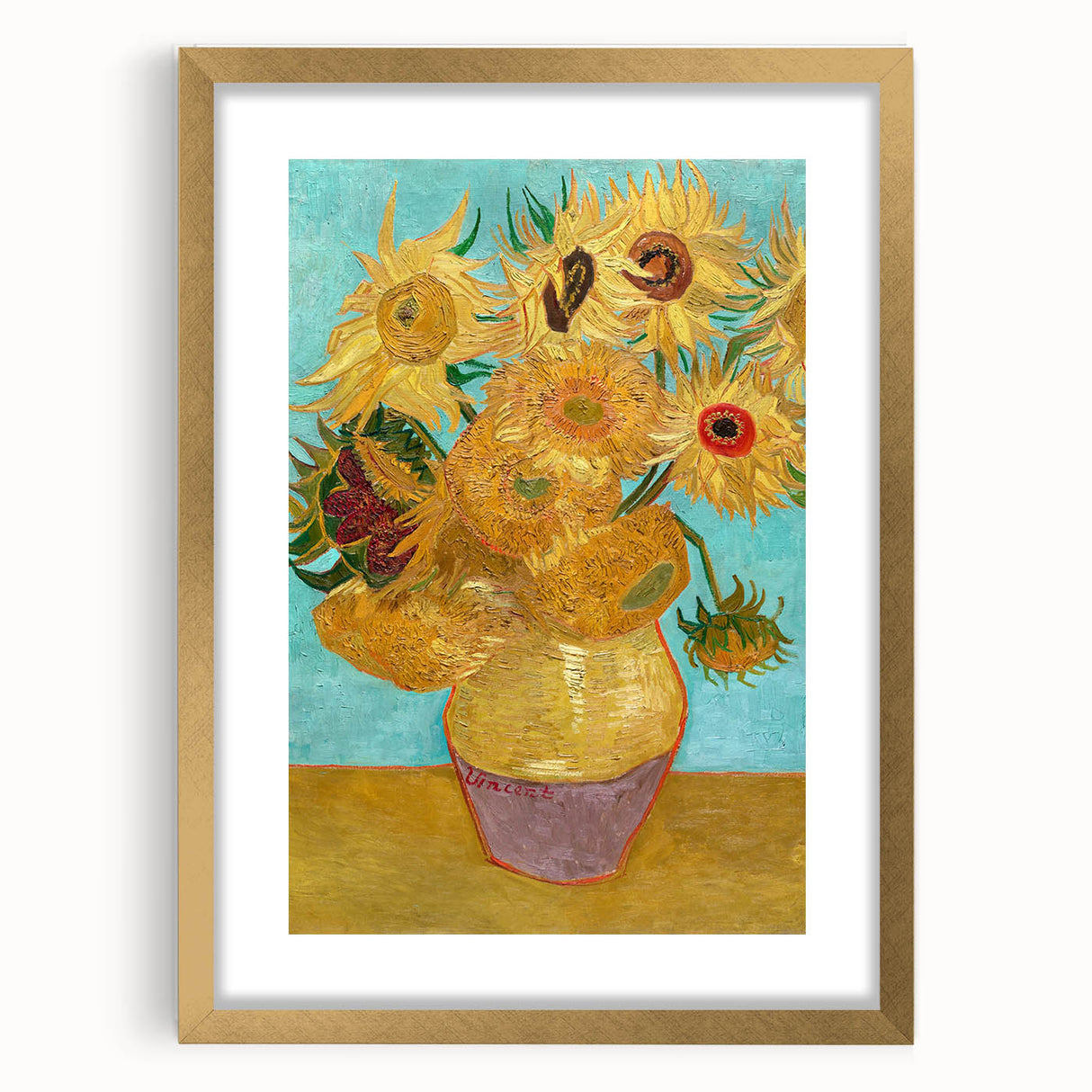 Abstract art print featuring swirling blue and yellow patterns, framed in gold, suitable for bedroom or dining room decor.
