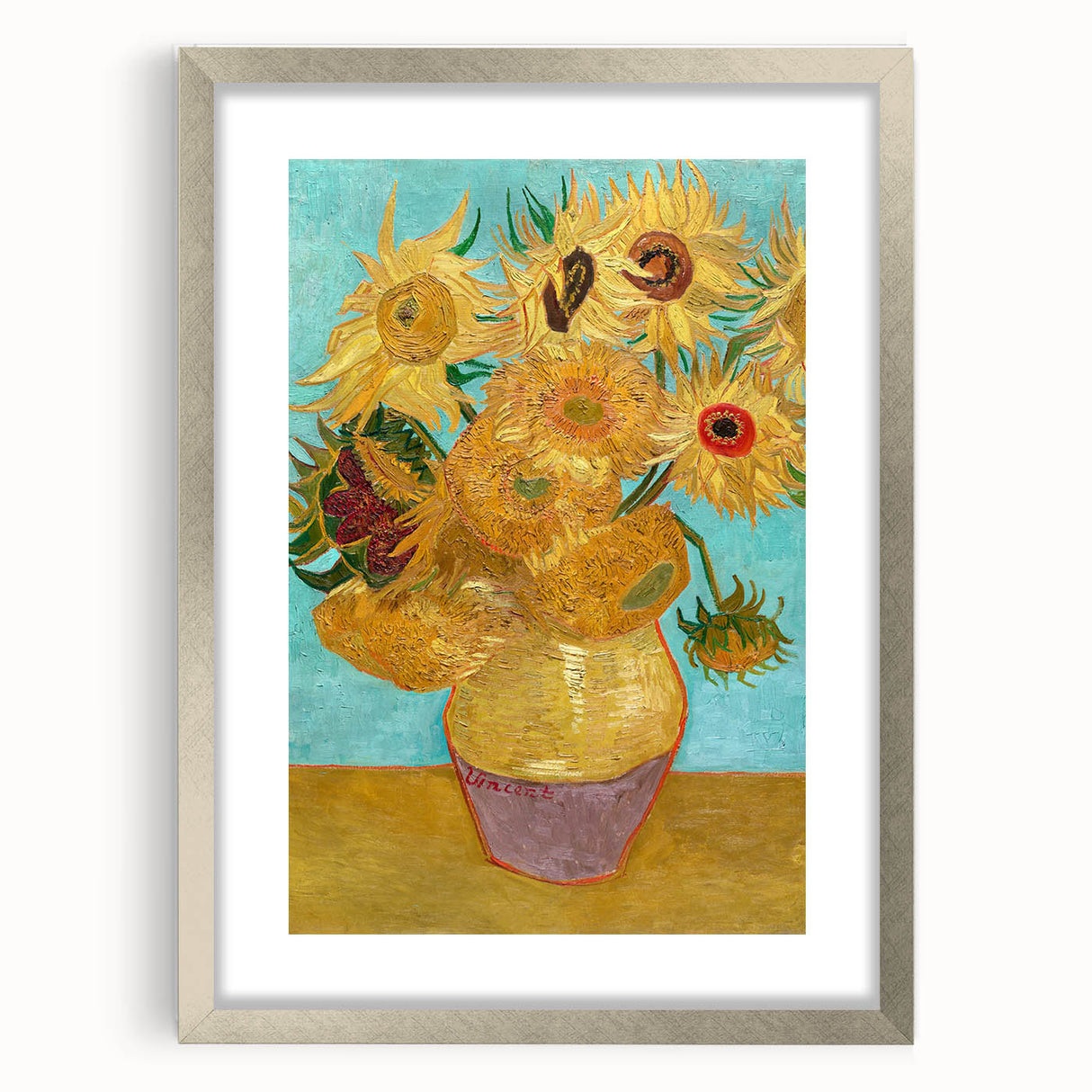 Extra large abstract art print with textured swirls in vibrant hues, framed in silver, ideal for living room decor.