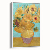 Vintage poster art of Van Gogh on a framed canvas with a white border, featuring vibrant color splashes.