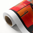 Abstract wall art featuring vibrant strokes in shades of blue, orange, and gold on a rolled canvas, perfect for modern home decor. Displayed in a protective cardboard tube.