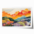 Abstract wall art print showcasing vibrant strokes in shades of blue, orange, and yellow, rolled and ready for display, perfect for modern home decor.