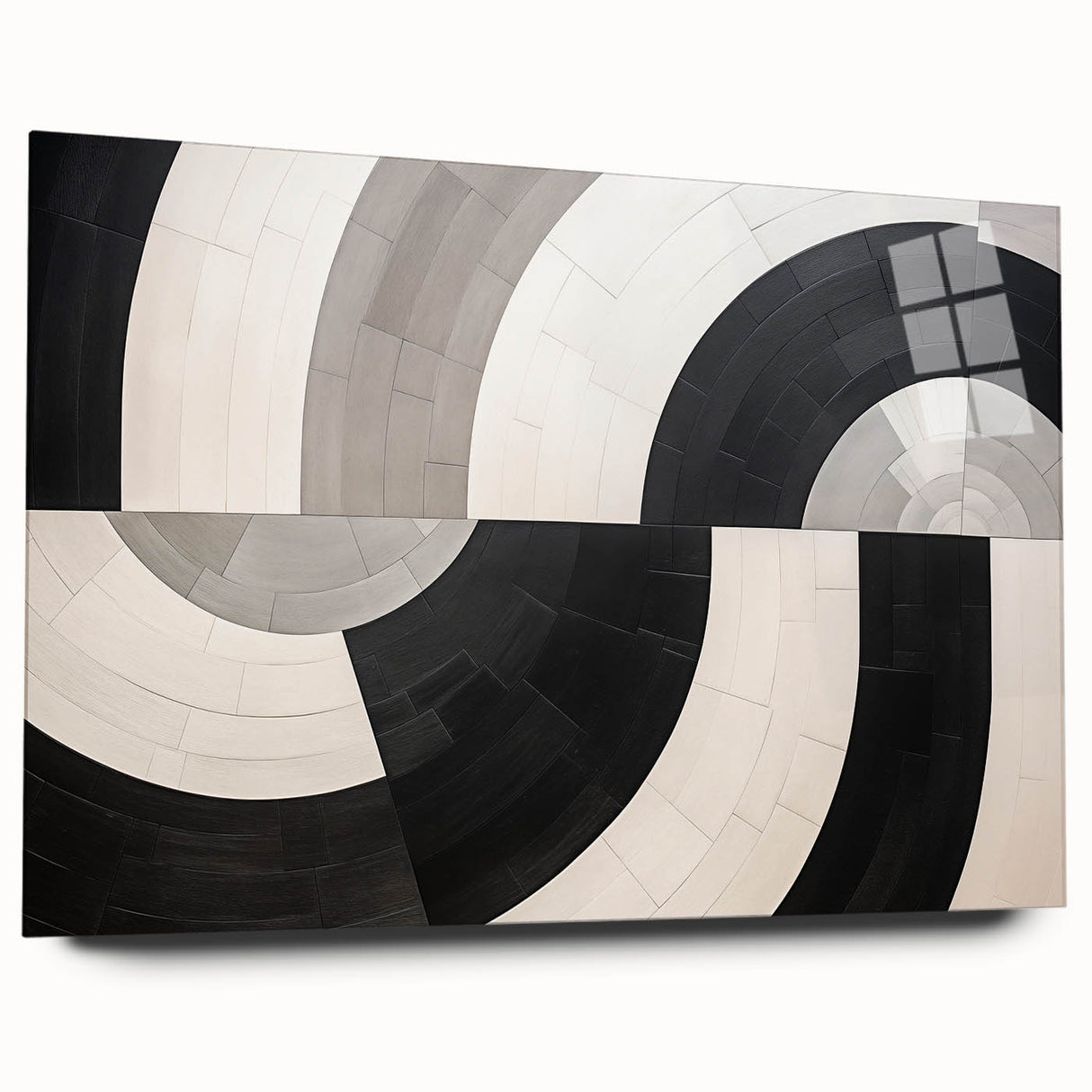 Abstract wall art featuring colorful strokes in vibrant blues, pinks, and yellows, displayed in a sleek acrylic glass frame, ideal for modern home decor.