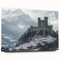 Acrylic glass wall art featuring a stunning landscape with a castle, displayed from a side view and accented with colorful pins, ideal for home decor enthusiasts.