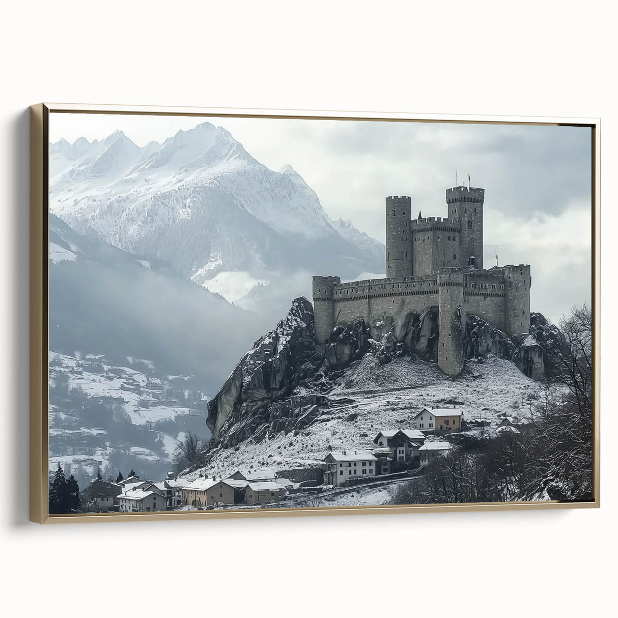 Framed canvas artwork showcasing a stunning landscape with a majestic castle, accented by a gold frame, ideal for elegant home decor and art enthusiasts.