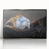 Framed acrylic artwork showcasing a stunning silver landscape design with intricate cave motifs, ideal for modern home decor and art enthusiasts.