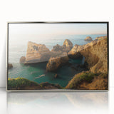 Framed acrylic artwork depicting stunning cliffs and landscapes, featuring a silver frame that enhances the vibrant colors and details of the scene. Ideal for modern home decor.