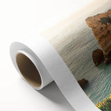 Stunning rolled canvas artwork showcasing a dramatic cliff landscape under a vibrant sunset, ideal for home decor enthusiasts seeking nature-inspired aesthetics.