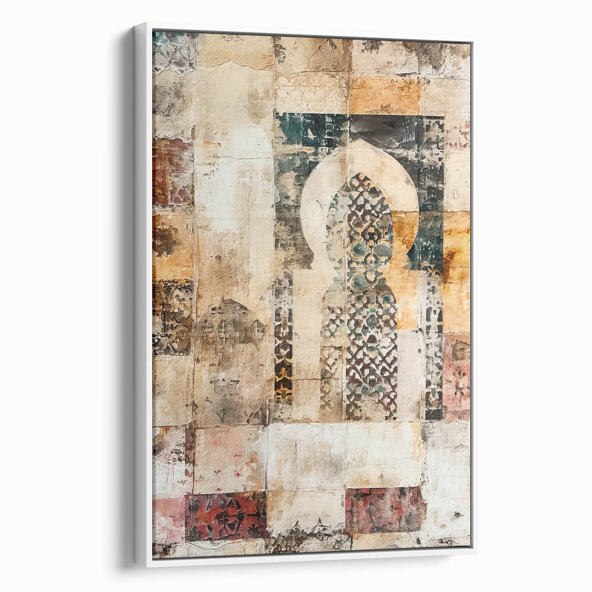 Framed abstract architecture wall art featuring a modern white design, displayed in a side view to highlight its elegant lines and minimalist aesthetic. This canvas art piece enhances contemporary home decor with its sophisticated style, ideal for living rooms or offices.